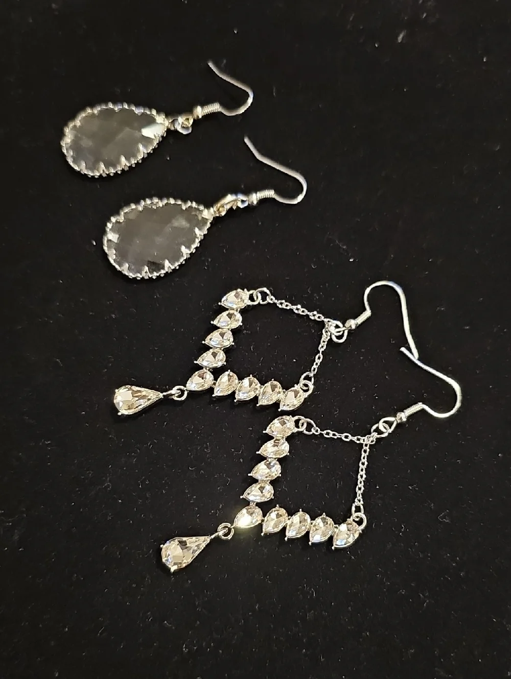 2 Pair Of Crystal Drop Dangle Earrings - Silver Tone. Chandelier Prong Set Stone